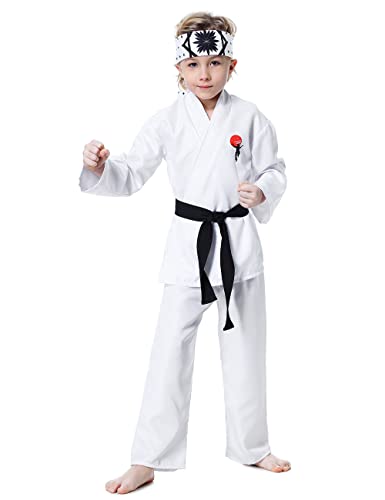 Treyrea Karate-Gi mit Gürtel, Kostüm, Uniform mit Stirnband, Rollenspiel, Halloween, Party, Cosplay, Outfit für Kinder, 4 Stück von Treyrea