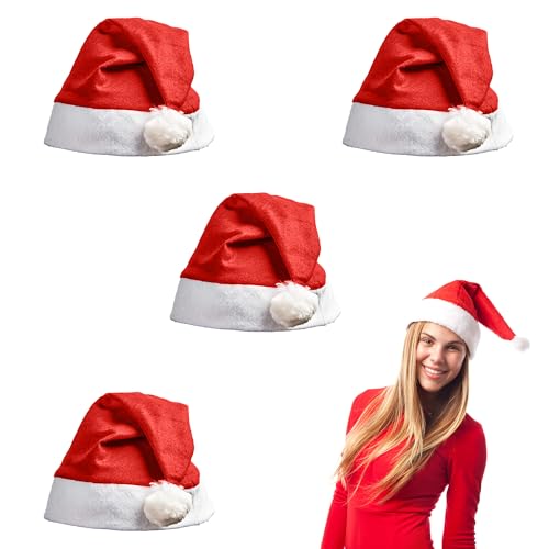 Trimming Shop Klassische Weihnachtsmannmütze für Erwachsene in Rot und Weiß, 4 Stück – weicher und warmer Filz-Weihnachtsmütze, Kostüm-Outfit, Wichteln, Kopfbedeckung, Accessoire, Kollegen, von Trimming Shop