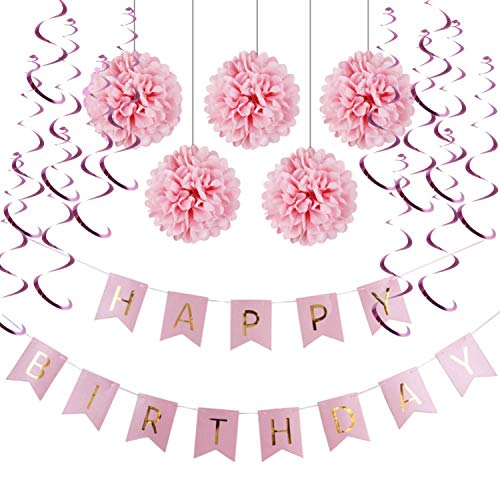 Trimming Shop Pink Pom Poms Hanging Swirl Set Happy Birthday Wimpelkette Banner für Mädchen Party Dekoration, Zeremonien, Schlafzimmer Design - 1 von Trimming Shop