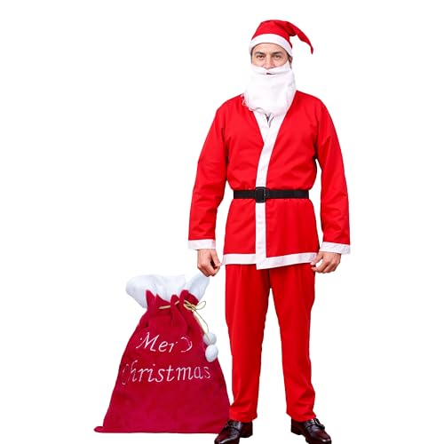 Trimming Shop Weihnachtsmann-Kostüm für Erwachsene, 5-teiliges Set mit rotem Samt, Weihnachtsmannanzug mit Hut, Bart, Gürtel und Geschenktasche, festliches Urlaubsoutfit und Geschenkaufbewahrung für von Trimming Shop