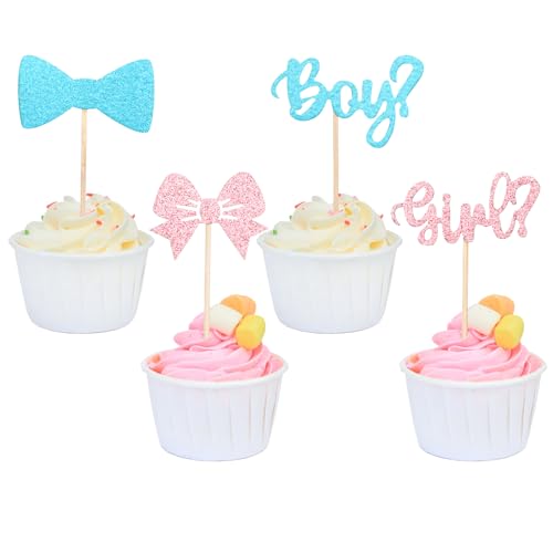 36 Stück Junge oder Mädchen Cupcake Toppers, Tortendeko Babyparty Boy or Girl Tortendeko Babyparty Glitzer Gender Reveal Party Deko Cake Cupcake Topper für Baby Shower Geburtstag (Blau Rosa) von Trinkrittey