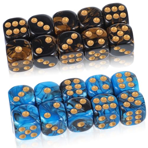 Trinkrittey 20 STÜCKE Polyedrische Würfel D6 Würfel Sechsseitiger 16mm Acryl Dice Spielwürfel Polyedrische Würfel Zweifarbige Würfel for Tischspiele (Blaues Gold, Schwarzes Gold) von Trinkrittey