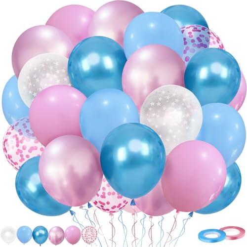 Blaurosa Gender Reveal Ballons, Luftballons Blau Rosa, 60 Stück 12 Zoll Macaron Rosa Blaue Metallisc Blau Rosa Konfetti Stern Muster Ballons mit Band für Geburtstag Hochzeit Baby Party Dekorationen von Trivunpis