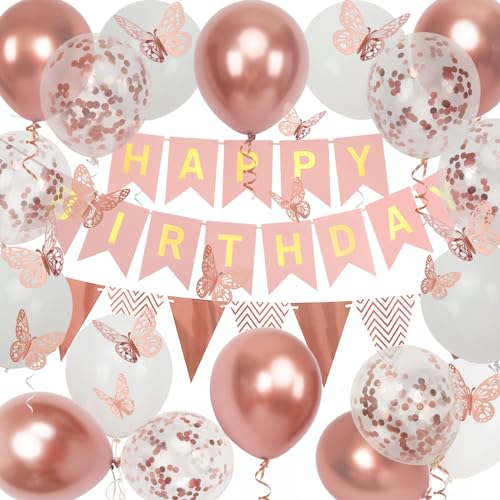 Rose Gold Geburtstag Dekoration, 18-pcs 12-Zoll Happy Birthday Banner mit Schmetterling Aufkleber und Ballons für Mädchen und Frauen Happy Birthday Dekorationen von Trivunpis