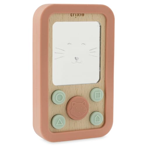 Trixie Babytelefon aus Holz aus Silikon, Motiv: Mrs. Cat | weiches und langlebiges Spielzeug zum Spielen | sicheres Silikon & natürliches Holz | sensorisches Spielzeug für Babys & Kleinkinder | von Trixie