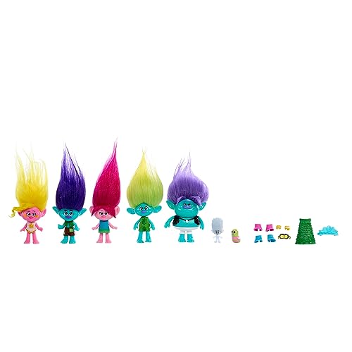 Mattel DREAMWORKS TROLLS Gemeinsam Stark - Haarige Überraschung Set mit 7 beliebten Figuren, inklusive Königin Poppy, Viva, Branch, Clay, Spruce Bruce, Mr. Dinkles und Tiny Diamond, HPW78 von Mattel