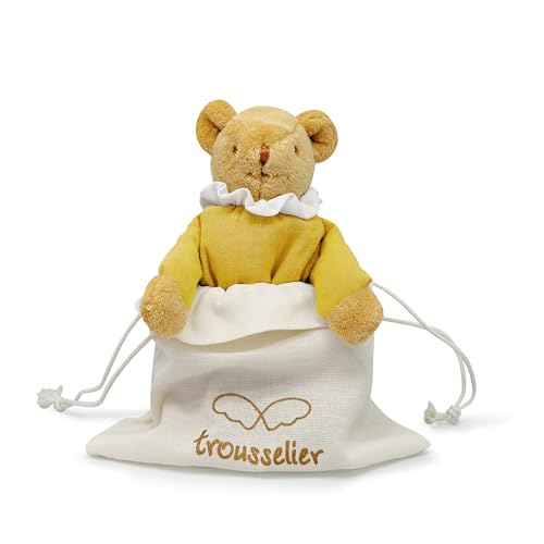 Trousselier - Kuscheltier für Babys, Bär, Nestchen mit Rassel – Bär aus Bio-Baumwolle, Farbe Senf – Geschenk zur Geburt Neugeborene Jungen Mädchen – Teddybär 20 cm – Kuscheltier für Neugeborene, von Trousselier