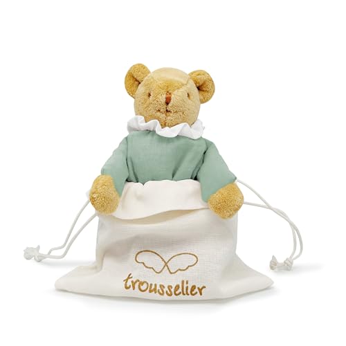 Trousselier - Schmusetuch für Babys, Bär, Einschlagnest mit Rassel, Bär, aus Plüsch, Seladongrün, Bio-Baumwolle, Geschenk zur Geburt, Jungen, Mädchen, Teddybär, 20 cm, Kuscheltier zur Geburt, Unisex von Trousselier