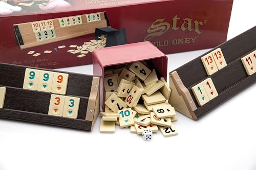 TruWare Just Camp Rummy Spiel Set Holzoptik mit 106 Steinen | Rommé Star Okey Gold dunkel Gesellschaftsspiel Legespiel mit Würfel von TruWare Just Camp