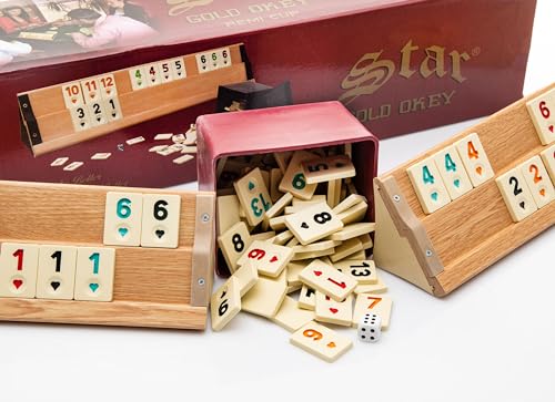 TruWare Just Camp Rummy Spiel Set Holzoptik mit 106 Steinen | Rommé Star Okey Gold Gesellschaftsspiel Legespiel mit Würfel von TruWare Just Camp