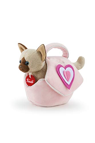 Trudi Pets 29716 Plüschkatze in einer Tragetasche 12 x 17 x 26 cm, Größe XS, hochwertiges Stofftier mit weichen Materialien, Tragetasche mit Herzen, waschbar, Kuscheltier für Kinder, Beige/Rosa von Trudi