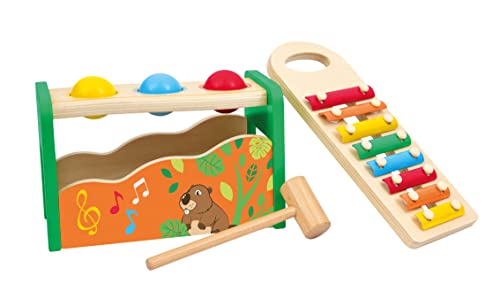 SEVI 88052 Wood Eco Smart Holz Xylophon und Klopfbank, Nachhaltiges Hammerspiel mit ausziehbarem Xylofon in bunten Farben, Hochwertiges Motorik-Spielzeug für Kinder ab 12 Monate, ca. 30 x 14 x 15 cm von Trudi