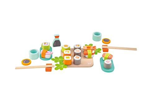 SEVI TUE49000 Sushi Kochset aus Holz, Zubehör für Spielküche, 32-teiliges Set mit Maki, Nigiri, Stäbchen & Sojasoße, Rollenspiel Sushiset, Kinderküche für Kinder ab 3 Jahren, ca. 29 x 19 x 7 cm, Bunt von Sevi