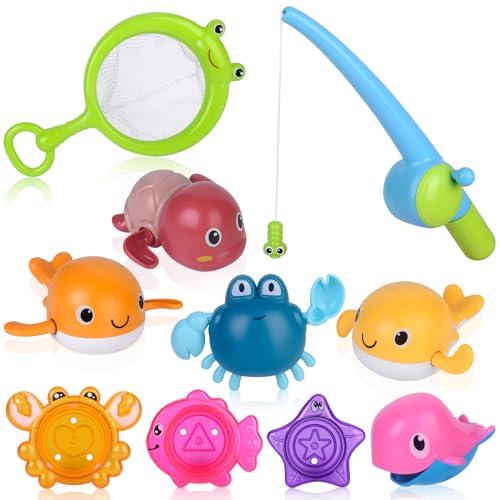 Trulloyoo Angelspiel für Kinder ab 1 Jahre Badewannenspielzeug Baby 10 Pcs Lernspielzeug Badespielzeug Angelspaß Set Wasserspielzeug 8 Pcs Badetiere 1 Fischernetz 1 magnetische Angelrute Kleinkinder von Trulloyoo