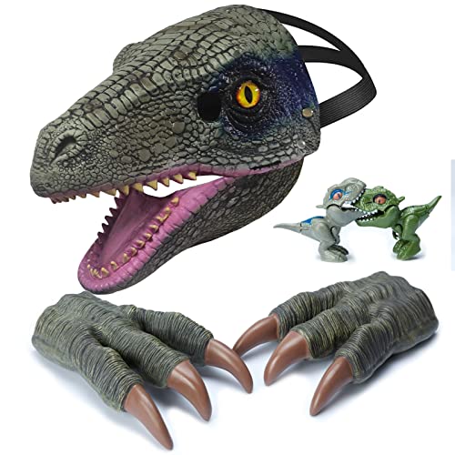 TUKIIE Dino Maske mit Beweglichem Kiefer, Halloween Maske für Kinder Erwachsene，1 x Dinosaurier Maske, 2 x Krallen, 2 x kleines Dino-Spielzeug, Dinosaurier Cosplay Halloween Ostern Weihnachten Party von TUKIIE