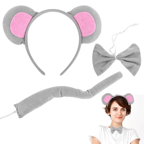 Tucnoeu 3 Stück Grau Maus Ohren Stirnband Maus Kostüm mit Schwanz und Fliege Haarreifen Maus Ohren Stirnband Perfekt für Partydekoration Oder Halloween Kostüm Cosplay von Tucnoeu