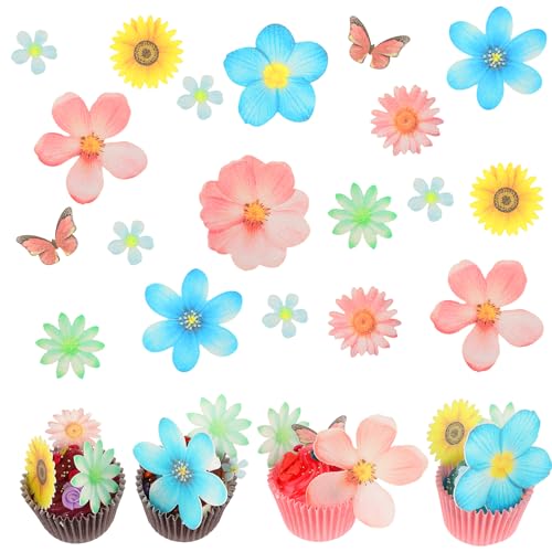 55 Stück Bunte Blumen für Torten Schmetterlinge Blumen Deko Torte Blumendekor für Torten Geeignet für Kuchen und Muffin Deko Cupcake Deko Hochzeits und Geburtstagsfeierzubehör von Tucnoeu