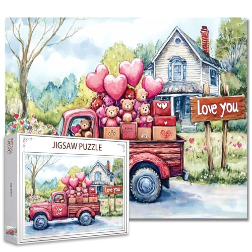 1000 Stück Jigsaw Puzzle-Valentinstag Stil Puzzles Rosa LKW Herz Bär Liebe Express Puzzles für Erwachsene Retro Paar Geschenk Herausfordernde Familie Aktivität Spiele DIY Handmade für Home Wall Decor von Tucocoo