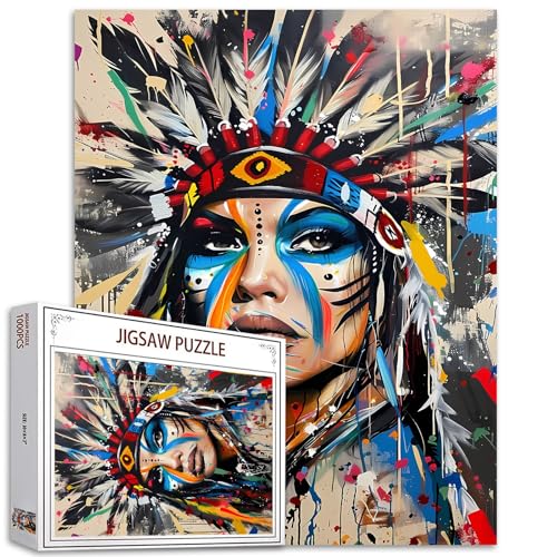 1000 Stück Jigsaw Puzzle-schöne Native American Frau Porträt 1000 Stück für Erwachsene, Bunte amerikanische Kunstwerk Puzzles Erwachsene African Female Warrior Puzzles Erwachsene 1000 Stück Puzzles von Tucocoo