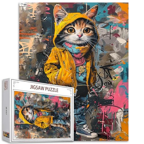 1000 Stück Puzzle für Erwachsene Gelbes Kätzchen Puzzle - Familie Puzzle Spielzeug, Abstrakte Graffiti Katze Puzzles Geschenk Hip-Hop-Stil 1000 Stück Puzzles kreative Bunte Tiere Thema von Tucocoo