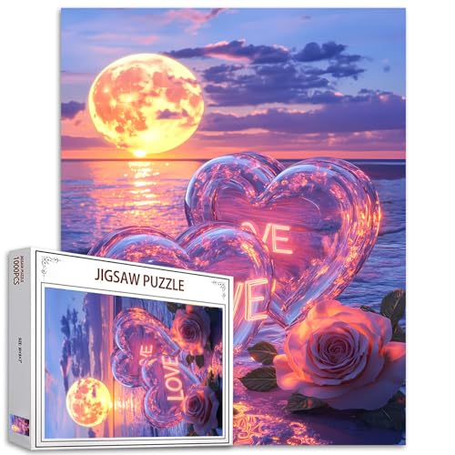 1000 Stück Puzzles Erwachsene Seelandschaft bei Sonnenuntergang Malerei Jigsaw Puzzle Romantische Herz-Muster Spiel Boho Rosa Rose Blumen Wanddekoration DIY Handwerk Puzzle Kunst von Tucocoo