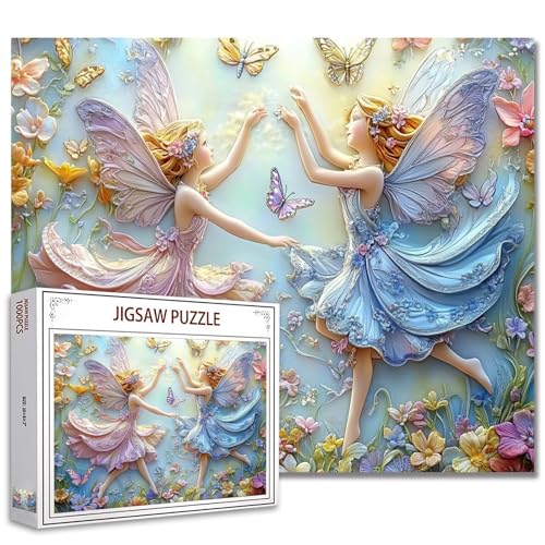 1000 Stück Puzzles für Erwachsene 3D geprägte Fee Mädchen Jigsaw Puzzle Blume 1000 Stück Puzzlespiel 2 tanzende Feen Schmetterling Wanddekor DIY Handwerk Puzzle Blumen Fee Mädchen Kunst von Tucocoo