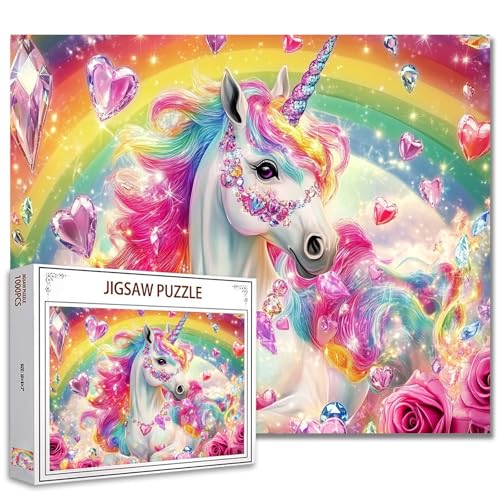 1000 Stück Puzzles für Erwachsene Bunte Regenbogen Einhorn Puzzle Einhorn Funkelnde Herz Edelsteine Rosen 1000 Stück Puzzles Fantsy Einhorn Pferd Wanddekor DIY Craft Puzzle Decor Kunst von Tucocoo