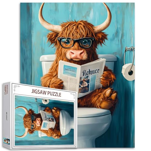 1000 Stück Puzzles für Erwachsene Hochland Kuh Toilettensitz Puzzles Wildlife Toilette Zeitungspuzzle Herausfordernde Familie Aktivität Spiele Buntes DIY Handwerk Puzzle für Home Decor Geschenke von Tucocoo