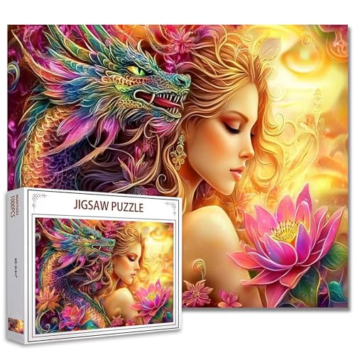 1000 Stück Puzzles für Erwachsene Schönheit und grüner Drache Jigsaw Puzzle Lotusblume Mädchen Fee 1000 Stück Puzzlespiel Frau mit Drachen Szenerie Wanddekor DIY Handwerk Puzzle Kunst von Tucocoo