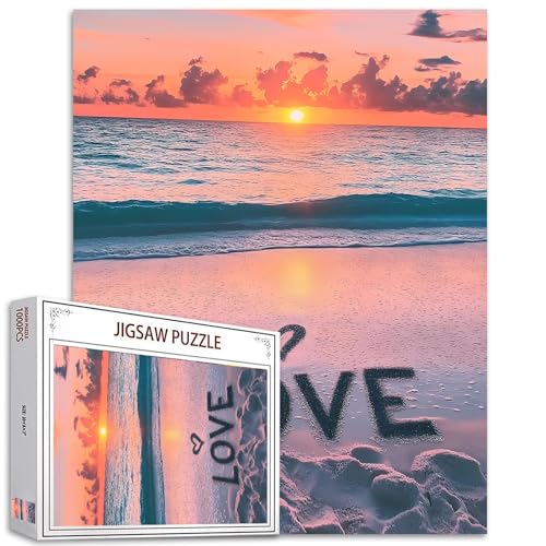 1000 Stück Puzzles für Erwachsene Tropische Seelandschaft Malerei Jigsaw Puzzle Romantisches Herzmuster Puzzles Spiel Boho Happy Valentines Day Wanddekoration DIY Craft Puzzle Art Love Gift(Pink) von Tucocoo