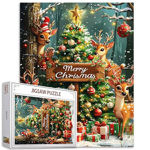 1000 Stück Xmas Tree Jigsaw Puzzles für Erwachsene Merry Christmas Puzzles Christmas Rentier DIY Puzzles für Home Decoration Geschenke Familie Puzzle perfekt für Spiel-Nächte 27 x 20 Zoll von Tucocoo