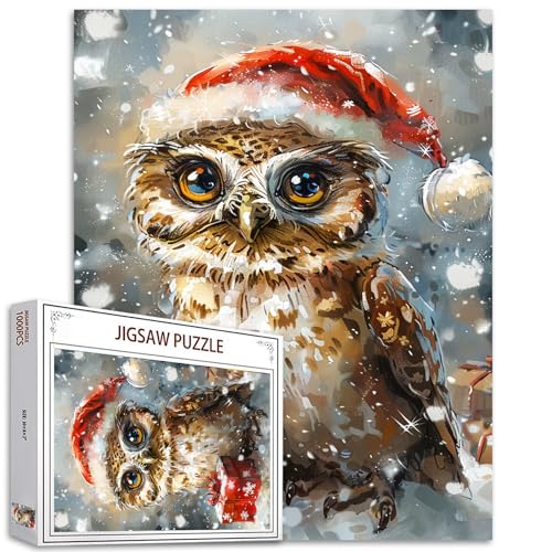 1000 Teile Jigsaw Puzzle für Erwachsene Weihnachten Winter Jigsaw Puzzle Weihnachten und Urlaub (Schneelandschaft) Niedliche Eule mit Weihnachtsmannmütze Geschenk Handarbeit Heimdekoration Familie von Tucocoo