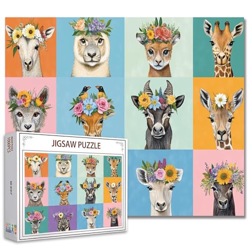 1000 Teile Puzzle für Erwachsene,Niedliche afrikanische Tiere Puzzle，Kreative Tiere mit Blumenkronen Portraits Puzzle，Herausfordernde Familienaktivität für Spieleabende，Puzzle Dekor von Tucocoo