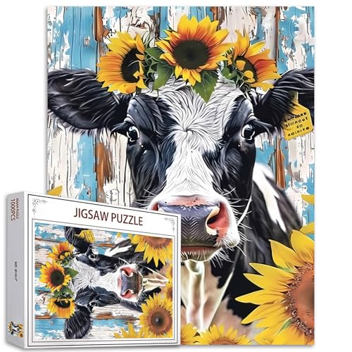 1000 Teile Puzzle für Erwachsene Kuh mit Sonnenblumenkrone Malerei Puzzle Retro Tier Puzzles für anspruchsvolle Familie Aktivität Spiel Tier Kunst DIY Puzzle Wanddekoration Geschenke (bunt) von Tucocoo