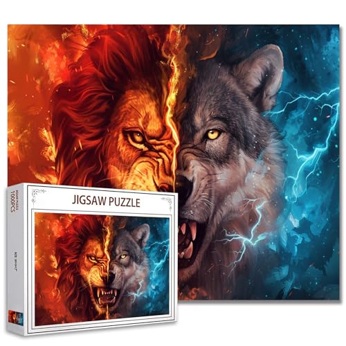 1000 Teile Puzzle für Erwachsene Rot flammender Löwe und Blauer Blitz Wolf Puzzle Halbes Löwengesicht und Wolf 1000 Teile Puzzle Heimdekoration Familienpuzzle Perfekt für Spieleabende Geschenk von Tucocoo