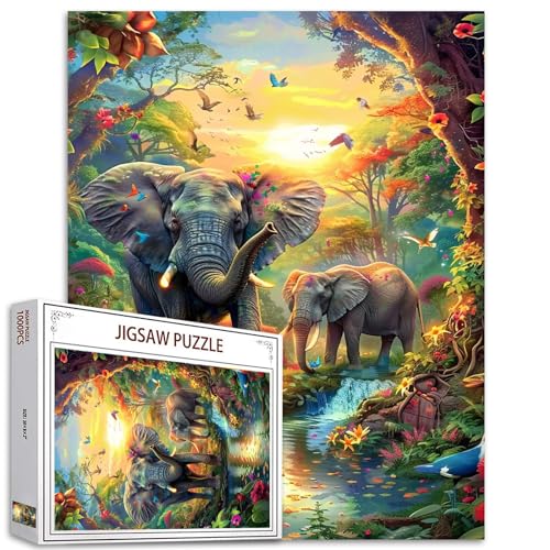 1000 Teile Puzzle für Erwachsene Wald Dschungel Tier Malerei Puzzle Afrikanische Elefanten Puzzles für anspruchsvolle Familie Aktivität Spiel Wildtiere Vögel Kunst DIY Puzzle Wanddekoration Geschenke von Tucocoo