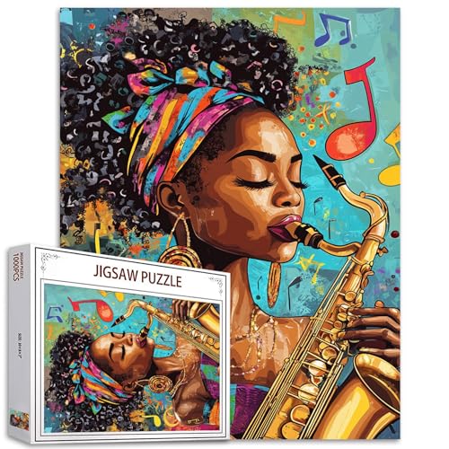 1000 Teile Puzzles für Erwachsene Afro-Amerika Mädchen Malerei Puzzlespiel Jazz Musiker 1000 Teile Puzzlespiel Schwarze Frau Spielende Saxophon Wanddekoration Musik Motive DIY Craft Puzzle Kunst von Tucocoo