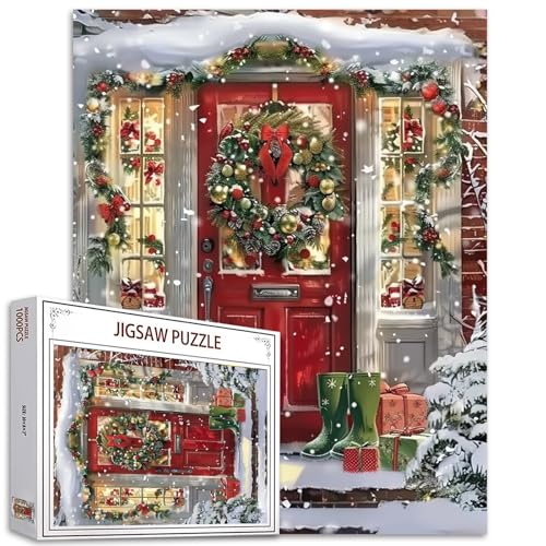 1000 Teile Puzzles für Erwachsene Tür Willkommen Weihnachtsbaum Schneemänner Weihnachtsmann Heiligabend Box Rot Glöckchen Puzzle Handarbeit Geschenk Home Decor Geschenke Familie Puzzle Perfekt von Tucocoo