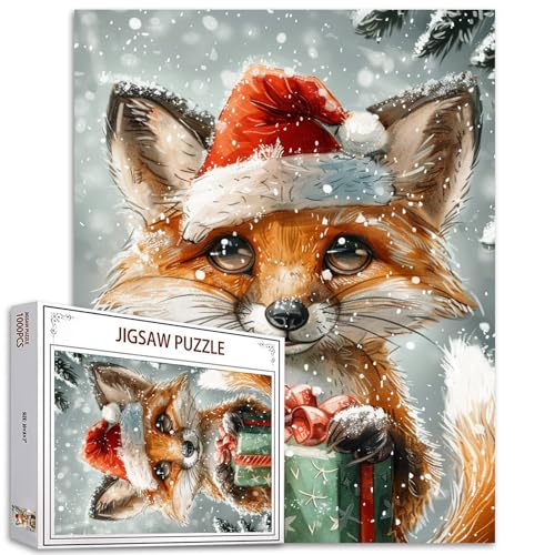 1000 Teile Puzzles für Erwachsene Weihnachtsmütze Weihnachten niedlicher Fuchs mit Weihnachtsmannmütze Puzzle rote Geschenkbox Tierpuzzle Handarbeit Puzzle Heimdekoration Geschenke Familienpuzzle von Tucocoo