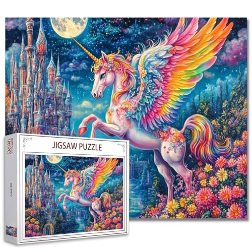 1000 Teile Puzzles für Erwachsene Wonderland Castle Unicorn Jigsaw Puzzles Pony mit riesigen Regenbogenflügeln Puzzle herausfordernde Familienaktivität perfekt für Spieleabende Fantasy Puzzle Wall Art von Tucocoo