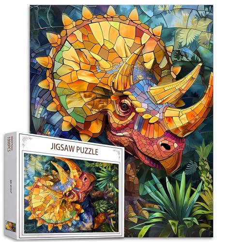 1000-teiliges Puzzle für Erwachsene, Buntglas-Dinosaurier-Puzzle, buntes Buntglas-Triceratops-Puzzle, herausfordernde Familienaktivitäten, perfekt für Spielabende, Puzzle als Wandkunst-Dekoration von Tucocoo