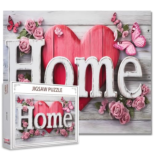 3D Home Sign mit Herz Rosen Jigsaw Puzzle 1000 Stück Puzzles Erwachsene Weißer Holzhintergrund Jigsaw Puzzles anspruchsvolle Familie Aktivität Spiele Home Letter Sign DIY Puzzle Handmade Gifts Wand von Tucocoo