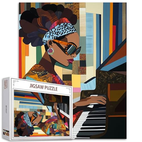 Afro Amerika Frau 1000 Stück Puzzles für Erwachsene Jazz Musiker Malerei Jigsaw Puzzle Afro Pianist 1000 Stück Puzzles Spiel Cool Girl Playing Piano Wanddekoration DIY Craft Puzzle Kunst von Tucocoo