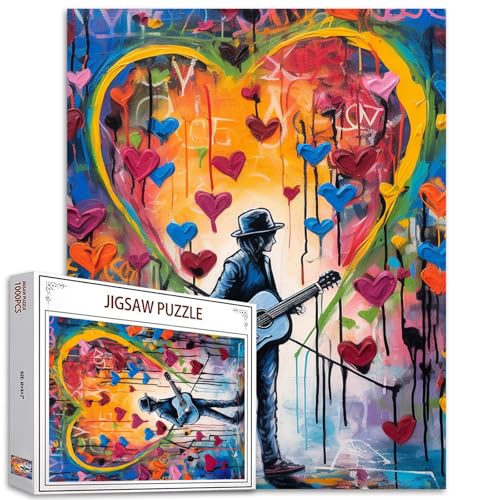 Banksy Graffitipuzzle 1000 Teile für Erwachsene, Familien (Musiker,Männer,Junge,Gitarre,Herz,Kritzelei) Teile passen perfekt zusammen 19.7''x27.6''inch Rockmusik rahmenbare magische Puzzle Kunst（Rot） von Tucocoo