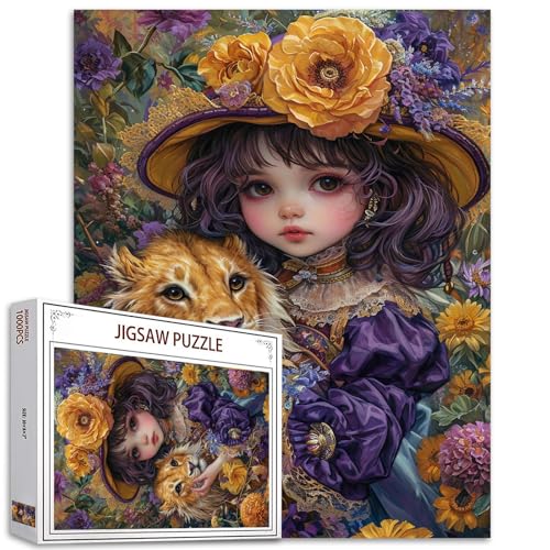 Blumen kleines Mädchen Puzzle für Erwachsene 1000 Teile,Puppe und Löwe DIY Kunst Puzzle für herausfordernde Familie Aktivität Spiel Fantasie bunte Kunst DIY Puzzle Wanddekoration künstlerisches Design von Tucocoo