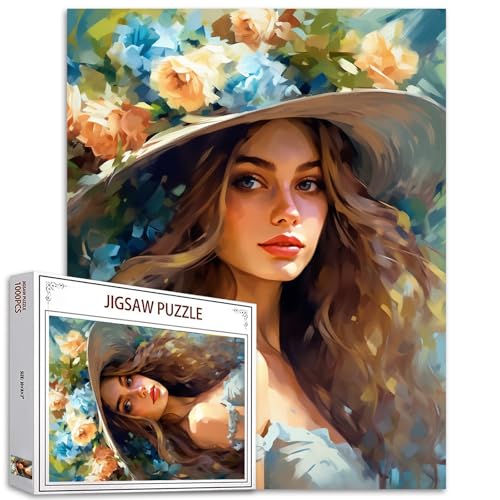 Blumenhut Mädchen 1000 Stück Puzzle für Erwachsene Schöne Frauen Puzzle Puzzle Dame Puzzle Kunst Weibliches Portrait Puzzle für Erwachsene Herausforderndes Puzzle Perfekt für Spieleabende von Tucocoo