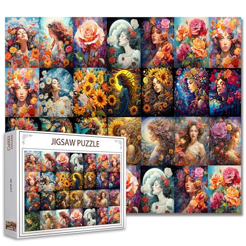 Blumenmädchen Collage Puzzles für Erwachsene Abstrakte Frauen mit grünen Blättern 1000 Teile Puzzle für Erwachsene Fantasy Girl Beauty Illustration 1000 Teile Puzzle Böhmische Frauen Herausfordernde von Tucocoo