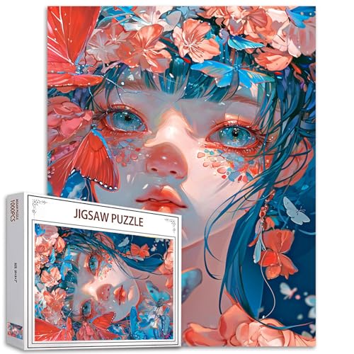 Blumenmädchen-Puzzle für Erwachsene, 1000 Teile, Schmetterling-Puppen-Kunst-Puzzle, farbenfrohes DIY-Puzzle für Heimdekoration, Geschenke, Familienpuzzle, perfekt für Spieleabende von Tucocoo