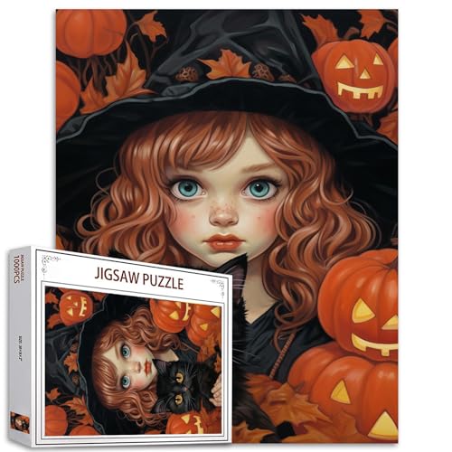 Braunes lockiges Haar Puppe hält Schwarze Katze Jigsaw Puzzle Halloween Kürbis Mädchen Jigsaw Puzzles für herausfordernde Familie Aktivität Spiele DIY Puzzle für Home Wall Decor Geschenke von Tucocoo