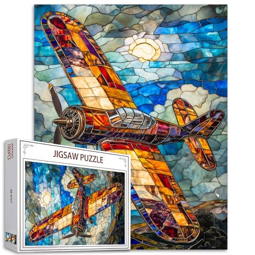 Buntglas-Flugzeug-Puzzle, 1000-teiliges Puzzle, 1000 Teile, Kampfflugzeug-Puzzles für Erwachsene, Teenager, Flugzeug-Puzzles, Kampfflugzeug, Retro-Puzzles von Tucocoo